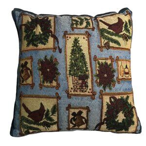 Holiday Tapestry Pillow Festive Wreath, Tree & Cardinal Design 14.5 X 14.5”